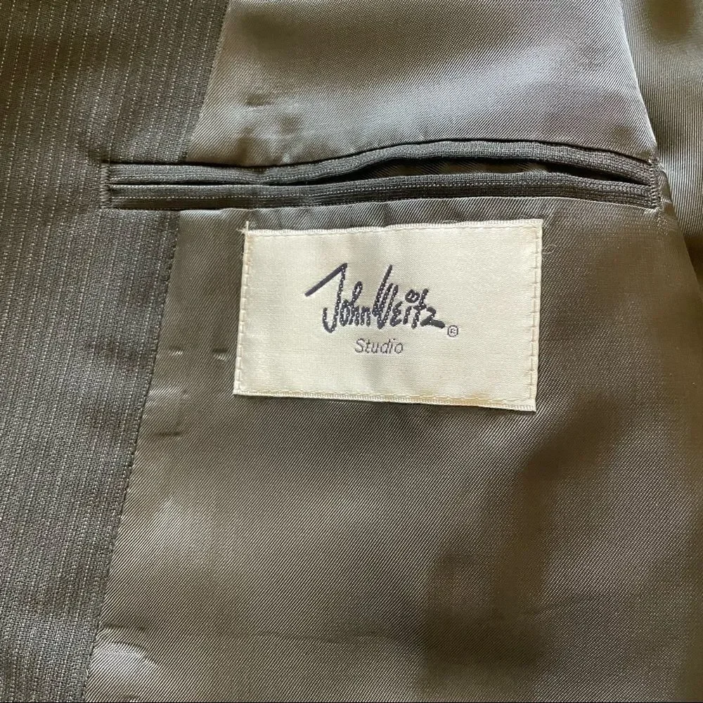 John Weitz Studios Pencil Stripe Wool 2 Piece Suit Black Size 42R Portly